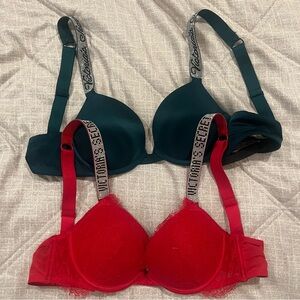 Victoria Secet Red and Teal Green Very Sexy Rhinestone Push Up Bra Bundle - 32B